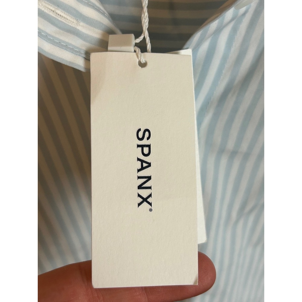 Spanx Relaxed Fit Poplin Shirt Sky Feeder Blue White Striped Cotton M - Picture 5 of 8